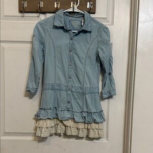 Guess Kids Light Blue Denim Dress with Cream Ruffles